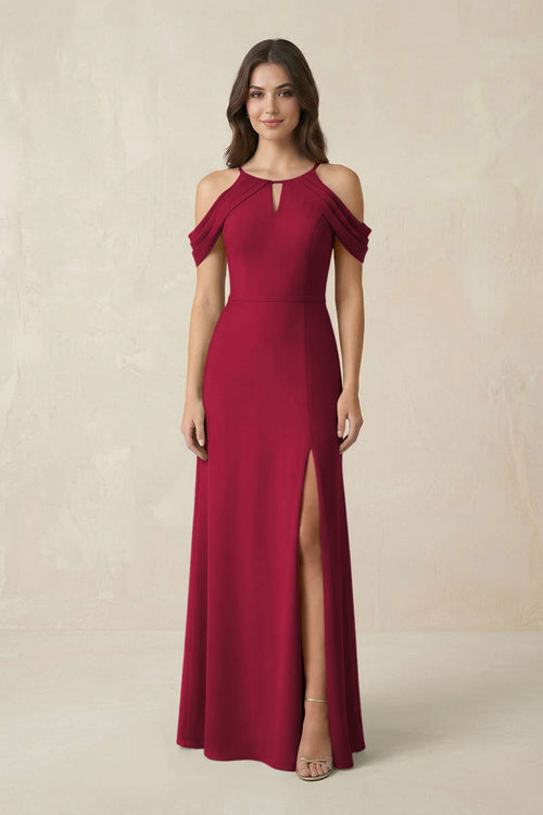 Off - the - Shoulder Chiffon Sheath Bridesmaid Dress With Slit in Berry - SHE IS ME Bridesmaid Dresses