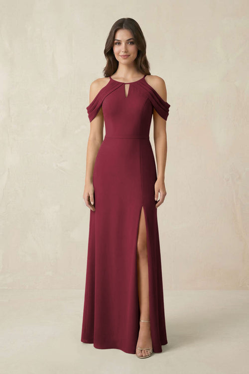 Off-the-Shoulder Chiffon Sheath Bridesmaid Dress With Slit in Berry | KISSBRIDAL