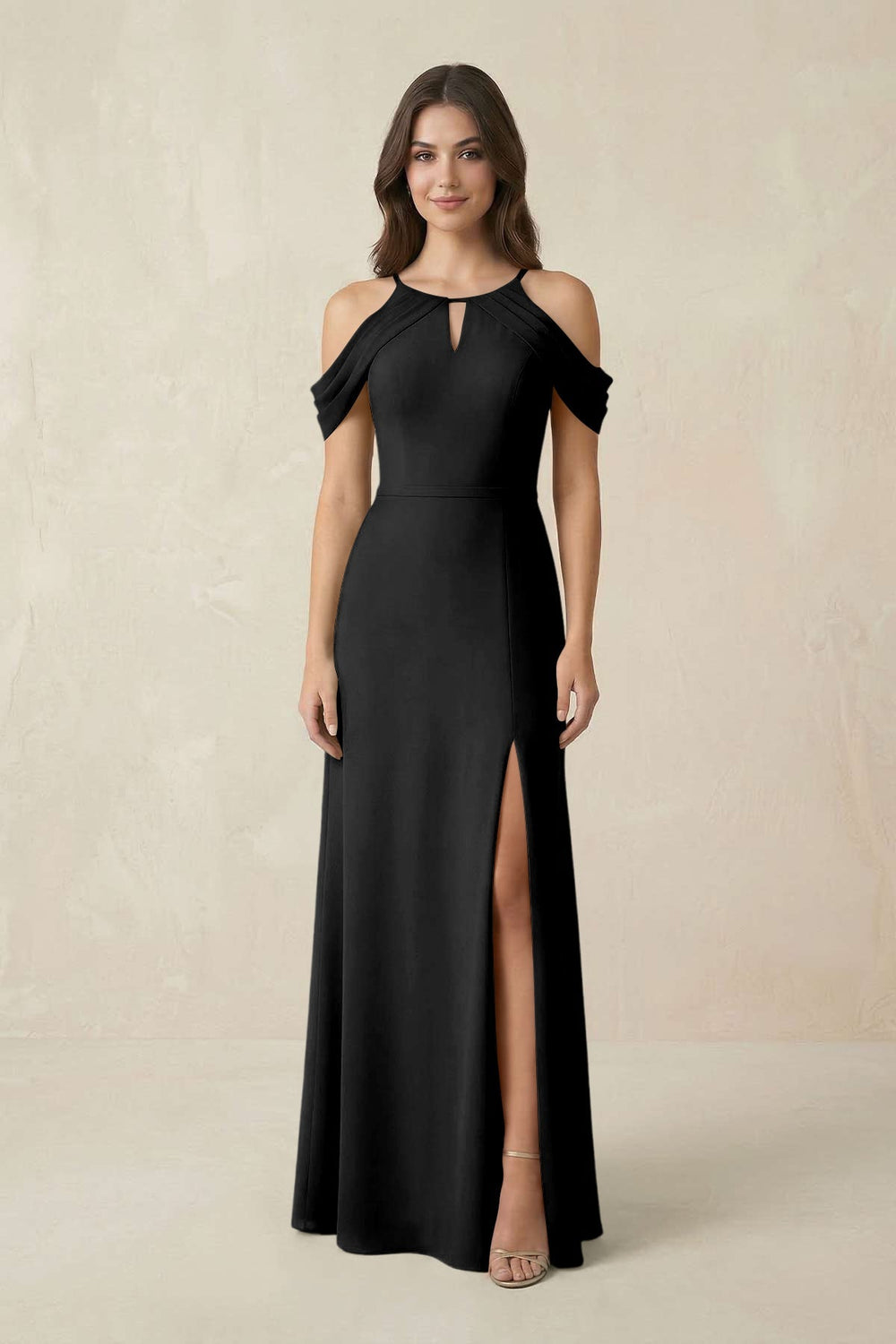 Off - the - Shoulder Chiffon Sheath Bridesmaid Dress With Slit in Black - KISS BRIDAL Bridesmaid Dresses