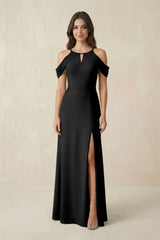 Off - the - Shoulder Chiffon Sheath Bridesmaid Dress With Slit in Black - KISS BRIDAL Bridesmaid Dresses