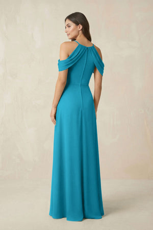 Off - the - Shoulder Chiffon Sheath Bridesmaid Dress With Slit in Blue Jay - SHE IS ME Bridesmaid Dresses