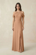 Off - the - Shoulder Chiffon Sheath Bridesmaid Dress With Slit in Bronzer - SHE IS ME Bridesmaid Dresses