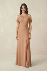 Off - the - Shoulder Chiffon Sheath Bridesmaid Dress With Slit in Bronzer - KISS BRIDAL Bridesmaid Dresses