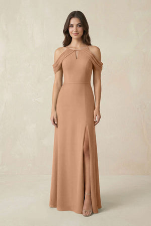 Off - the - Shoulder Chiffon Sheath Bridesmaid Dress With Slit in Bronzer - SHE IS ME Bridesmaid Dresses