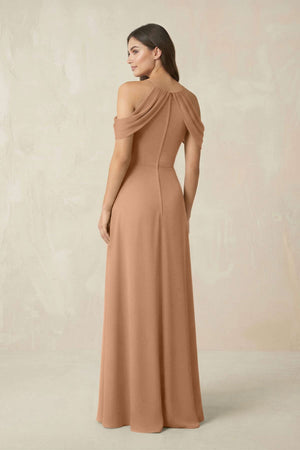 Off - the - Shoulder Chiffon Sheath Bridesmaid Dress With Slit in Bronzer - SHE IS ME Bridesmaid Dresses