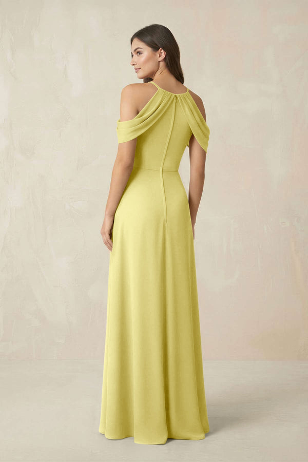 Off - the - Shoulder Chiffon Sheath Bridesmaid Dress With Slit in Buttercup - SHE IS ME Bridesmaid Dresses