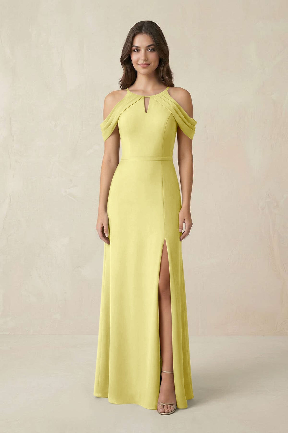 Off - the - Shoulder Chiffon Sheath Bridesmaid Dress With Slit in Buttercup - KISS BRIDAL Bridesmaid Dresses