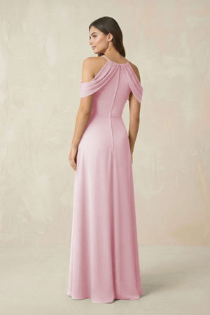 Off - the - Shoulder Chiffon Sheath Bridesmaid Dress With Slit in Candy Pink - SHE IS ME Bridesmaid Dresses