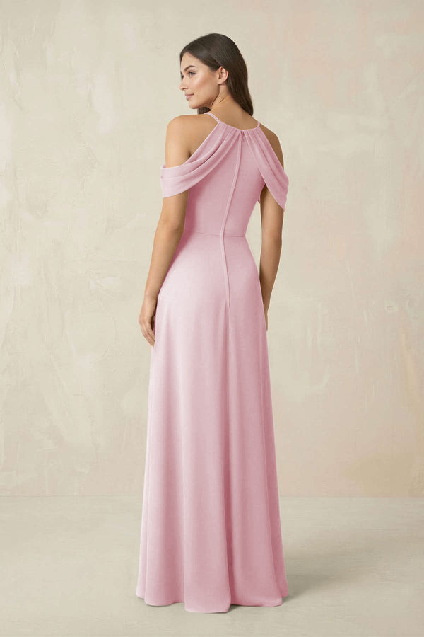 Off - the - Shoulder Chiffon Sheath Bridesmaid Dress With Slit in Candy Pink - SHE IS ME Bridesmaid Dresses