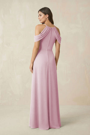 Off-the-Shoulder Chiffon Sheath Bridesmaid Dress With Slit in Candy Pink (2) | KISSBRIDAL