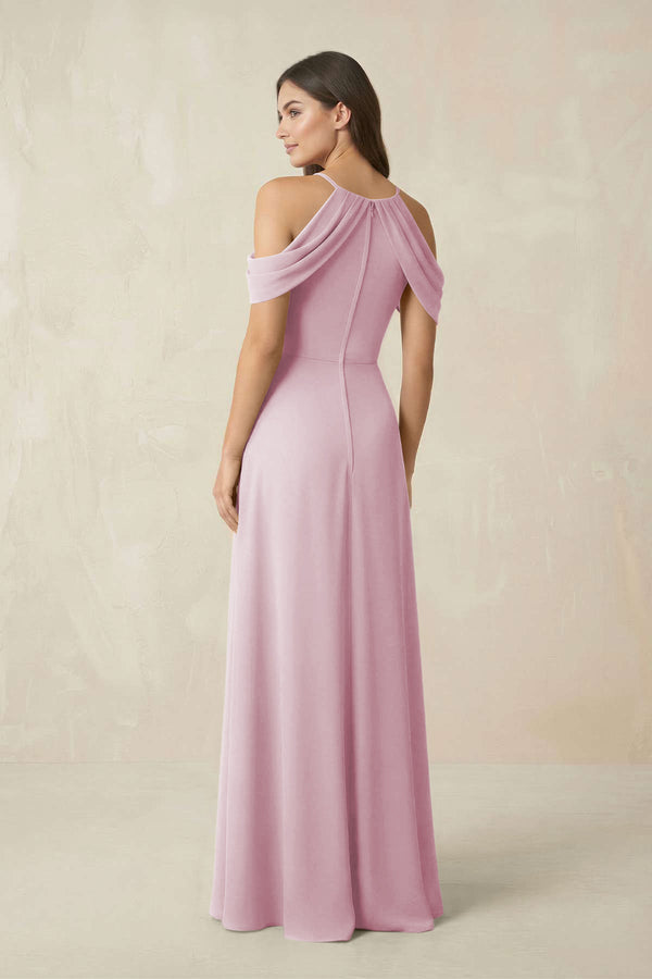 Off-the-Shoulder Chiffon Sheath Bridesmaid Dress With Slit in Candy Pink (2) | KISSBRIDAL