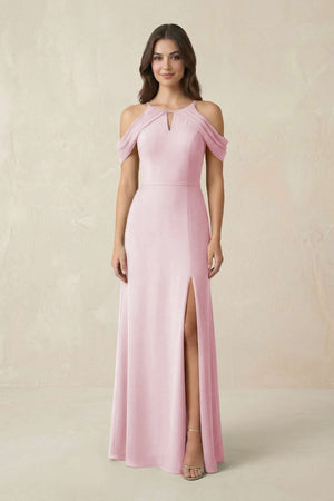 Off - the - Shoulder Chiffon Sheath Bridesmaid Dress With Slit in Candy Pink - SHE IS ME Bridesmaid Dresses