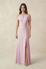 Off-the-Shoulder Chiffon Sheath Bridesmaid Dress With Slit in Candy Pink | KISSBRIDAL