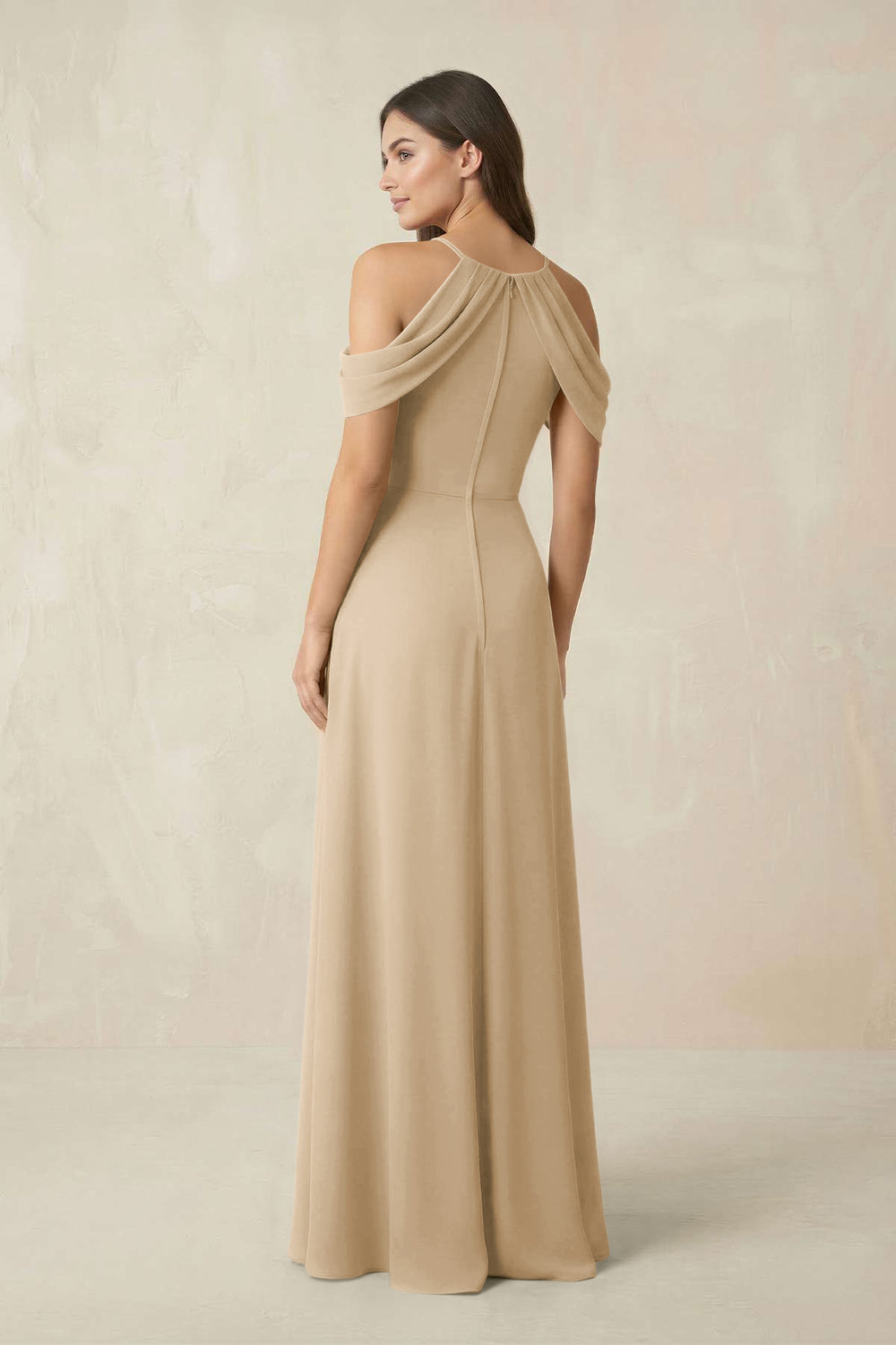 Off-the-Shoulder Chiffon Sheath Bridesmaid Dress With Slit in Champagne