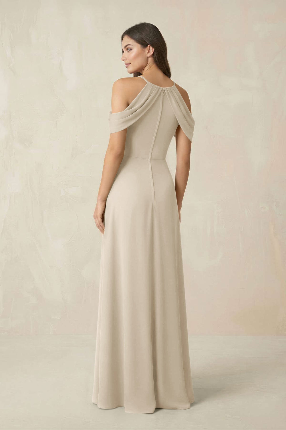 Off - the - Shoulder Chiffon Sheath Bridesmaid Dress With Slit in Champagne - KISS BRIDAL Bridesmaid Dresses