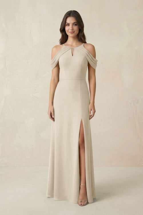 Off - the - Shoulder Chiffon Sheath Bridesmaid Dress With Slit in Champagne - SHE IS ME Bridesmaid Dresses