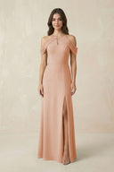 Off - the - Shoulder Chiffon Sheath Bridesmaid Dress With Slit in Champagne Rose - SHE IS ME Bridesmaid Dresses