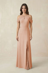 Off - the - Shoulder Chiffon Sheath Bridesmaid Dress With Slit in Champagne Rose - KISS BRIDAL Bridesmaid Dresses