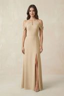 Off-the-Shoulder Chiffon Sheath Bridesmaid Dress With Slit in Champagne | KISSBRIDAL