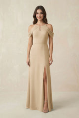 Off-the-Shoulder Chiffon Sheath Bridesmaid Dress With Slit in Champagne | KISSBRIDAL