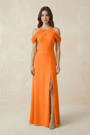 Off - the - Shoulder Chiffon Sheath Bridesmaid Dress With Slit in Cinnamon - SHE IS ME Bridesmaid Dresses