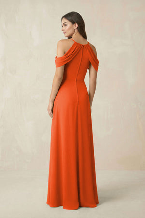 Off-the-Shoulder Chiffon Sheath Bridesmaid Dress With Slit in Cinnamon (2) | KISSBRIDAL