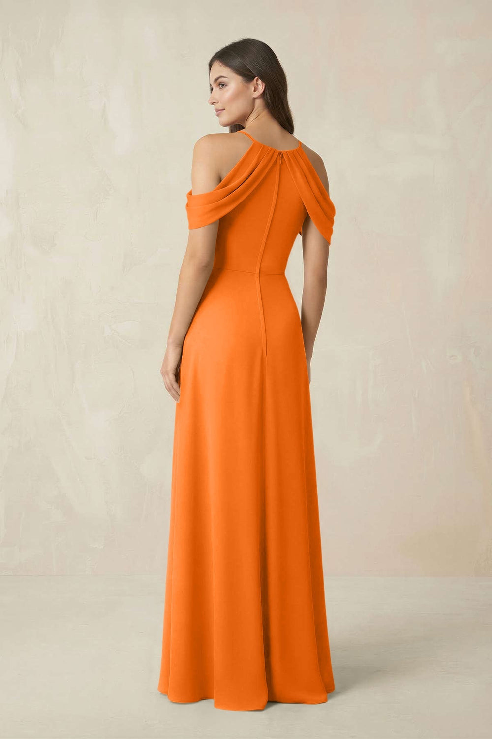 Off - the - Shoulder Chiffon Sheath Bridesmaid Dress With Slit in Cinnamon - KISS BRIDAL Bridesmaid Dresses