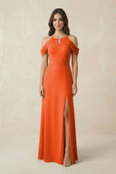 Off-the-Shoulder Chiffon Sheath Bridesmaid Dress With Slit in Cinnamon | KISSBRIDAL