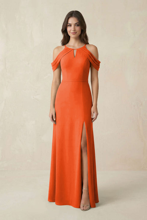 Off-the-Shoulder Chiffon Sheath Bridesmaid Dress With Slit in Cinnamon | KISSBRIDAL