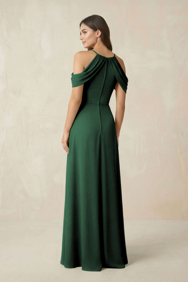 Off-the-Shoulder Chiffon Sheath Bridesmaid Dress With Slit in Dark Green (2) | KISSBRIDAL