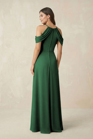 Off - the - Shoulder Chiffon Sheath Bridesmaid Dress With Slit in Dark Green - SHE IS ME Bridesmaid Dresses