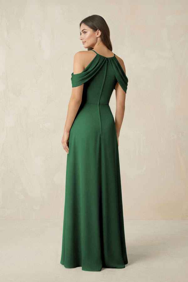 Off - the - Shoulder Chiffon Sheath Bridesmaid Dress With Slit in Dark Green - SHE IS ME Bridesmaid Dresses