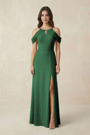Off - the - Shoulder Chiffon Sheath Bridesmaid Dress With Slit in Dark Green - SHE IS ME Bridesmaid Dresses