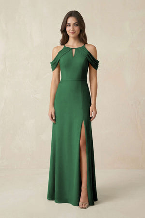 Off - the - Shoulder Chiffon Sheath Bridesmaid Dress With Slit in Dark Green - SHE IS ME Bridesmaid Dresses