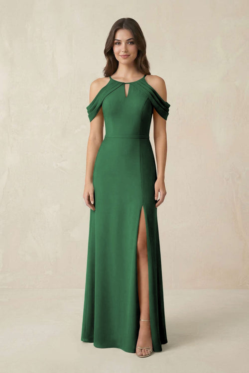 Off - the - Shoulder Chiffon Sheath Bridesmaid Dress With Slit in Dark Green - SHE IS ME Bridesmaid Dresses