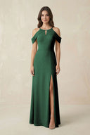 Off-the-Shoulder Chiffon Sheath Bridesmaid Dress With Slit in Dark Green | KISSBRIDAL