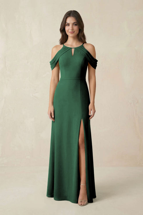 Off-the-Shoulder Chiffon Sheath Bridesmaid Dress With Slit in Dark Green | KISSBRIDAL