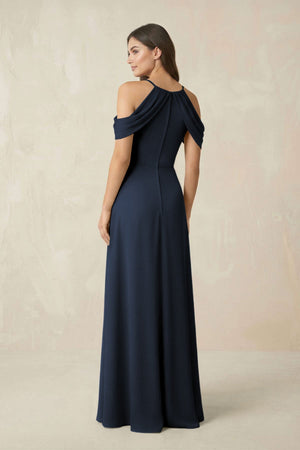 Off - the - Shoulder Chiffon Sheath Bridesmaid Dress With Slit in Dark Navy - SHE IS ME Bridesmaid Dresses