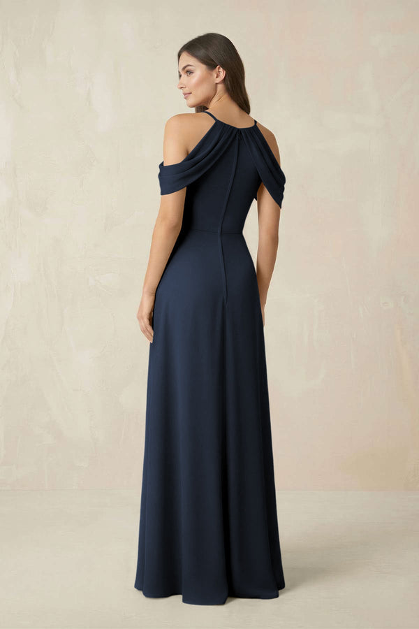Off - the - Shoulder Chiffon Sheath Bridesmaid Dress With Slit in Dark Navy - SHE IS ME Bridesmaid Dresses