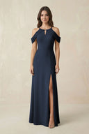 Off - the - Shoulder Chiffon Sheath Bridesmaid Dress With Slit in Dark Navy - SHE IS ME Bridesmaid Dresses