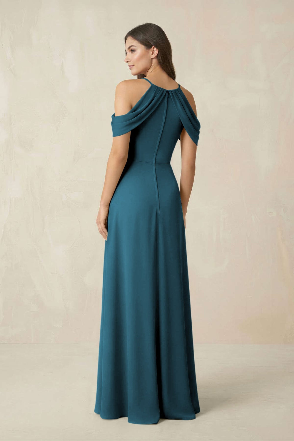 Off - the - Shoulder Chiffon Sheath Bridesmaid Dress With Slit in Dark Teal - KISS BRIDAL Bridesmaid Dresses