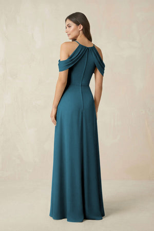 Off - the - Shoulder Chiffon Sheath Bridesmaid Dress With Slit in Dark Teal - SHE IS ME Bridesmaid Dresses