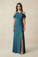Off - the - Shoulder Chiffon Sheath Bridesmaid Dress With Slit in Dark Teal - SHE IS ME Bridesmaid Dresses