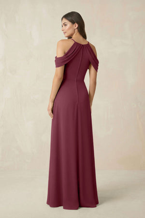 Off-the-Shoulder Chiffon Sheath Bridesmaid Dress With Slit in Desert Rose (2) | KISSBRIDAL