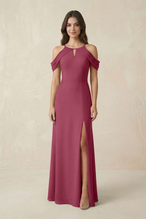 Off - the - Shoulder Chiffon Sheath Bridesmaid Dress With Slit in Desert Rose - SHE IS ME Bridesmaid Dresses