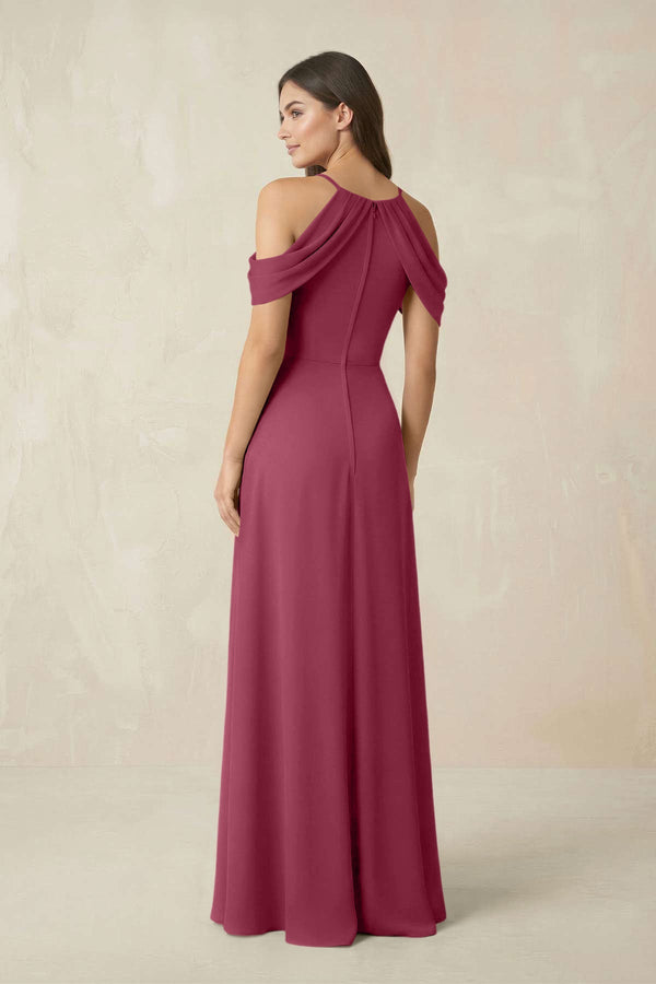Off - the - Shoulder Chiffon Sheath Bridesmaid Dress With Slit in Desert Rose - SHE IS ME Bridesmaid Dresses