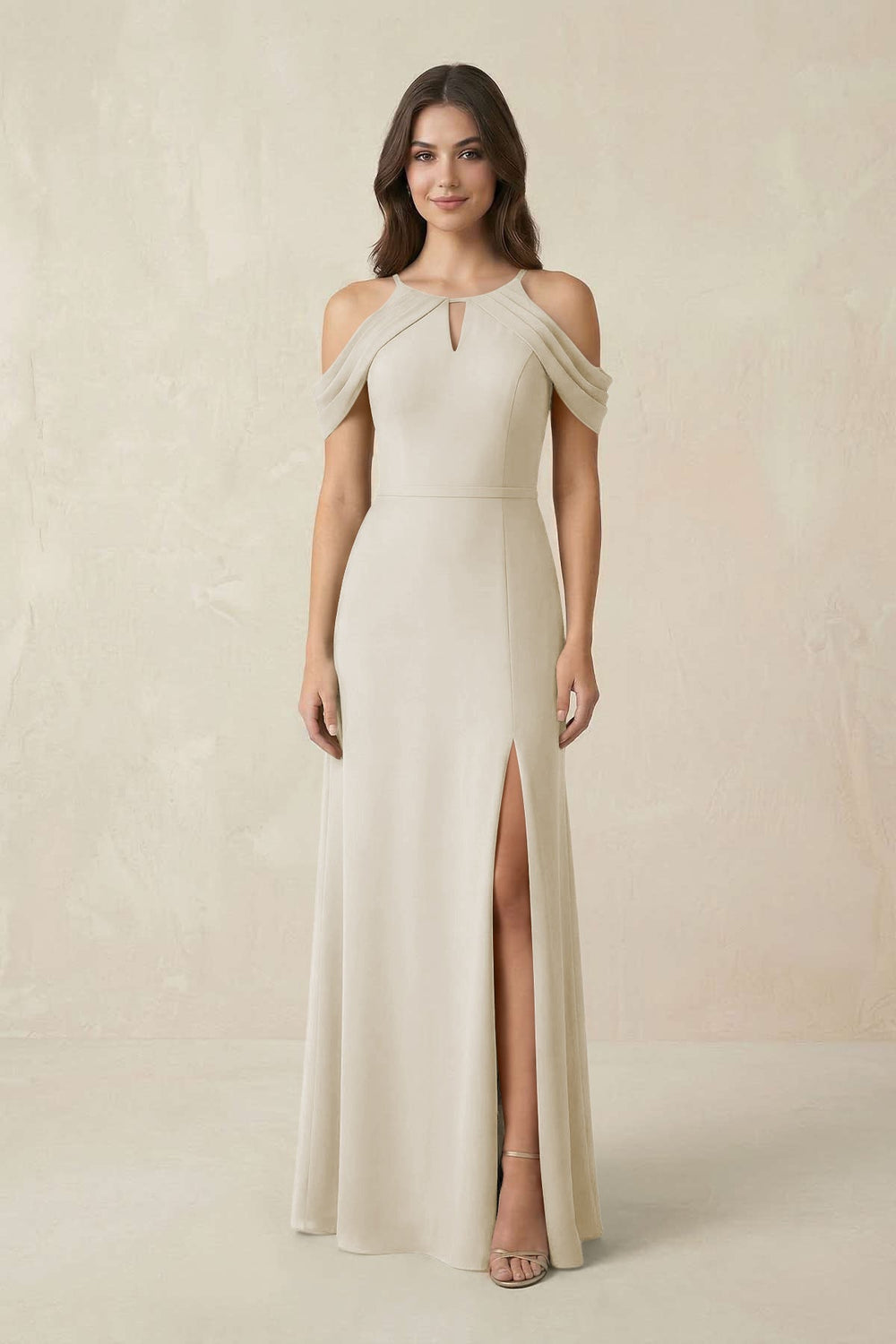 Off - the - Shoulder Chiffon Sheath Bridesmaid Dress With Slit in Dove Gray - KISS BRIDAL Bridesmaid Dresses