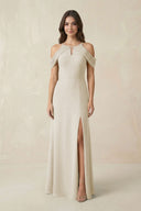 Off - the - Shoulder Chiffon Sheath Bridesmaid Dress With Slit in Dove Gray - SHE IS ME Bridesmaid Dresses