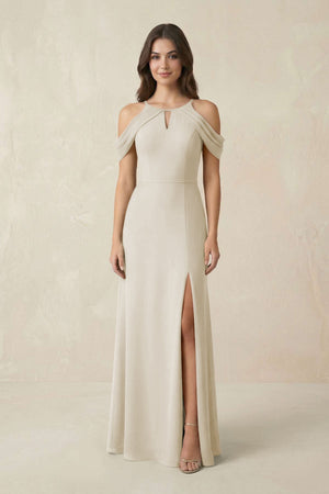 Off - the - Shoulder Chiffon Sheath Bridesmaid Dress With Slit in Dove Gray - SHE IS ME Bridesmaid Dresses