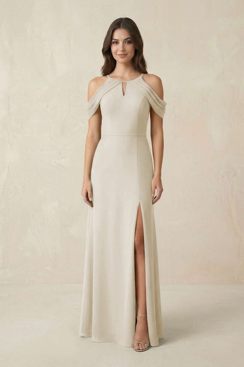 Off - the - Shoulder Chiffon Sheath Bridesmaid Dress With Slit in Dove Gray - SHE IS ME Bridesmaid Dresses